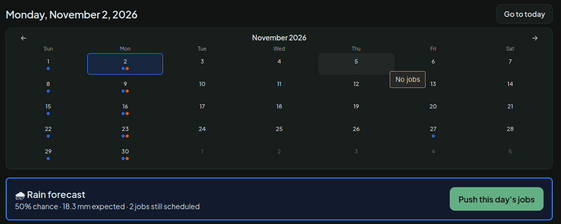The dashboard calendar above a rain forecast banner with a button to push the day's jobs.