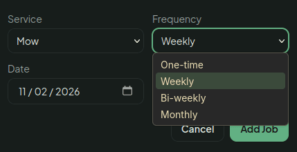 The job form's frequency picker: One-time, Weekly, Bi-weekly or Monthly.